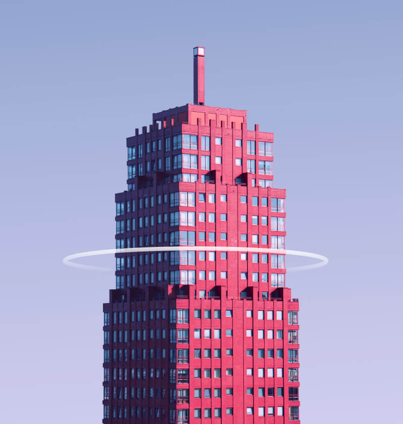 Imagem de um prédio vermelho com um anel criado computacionalmente em torno de sí